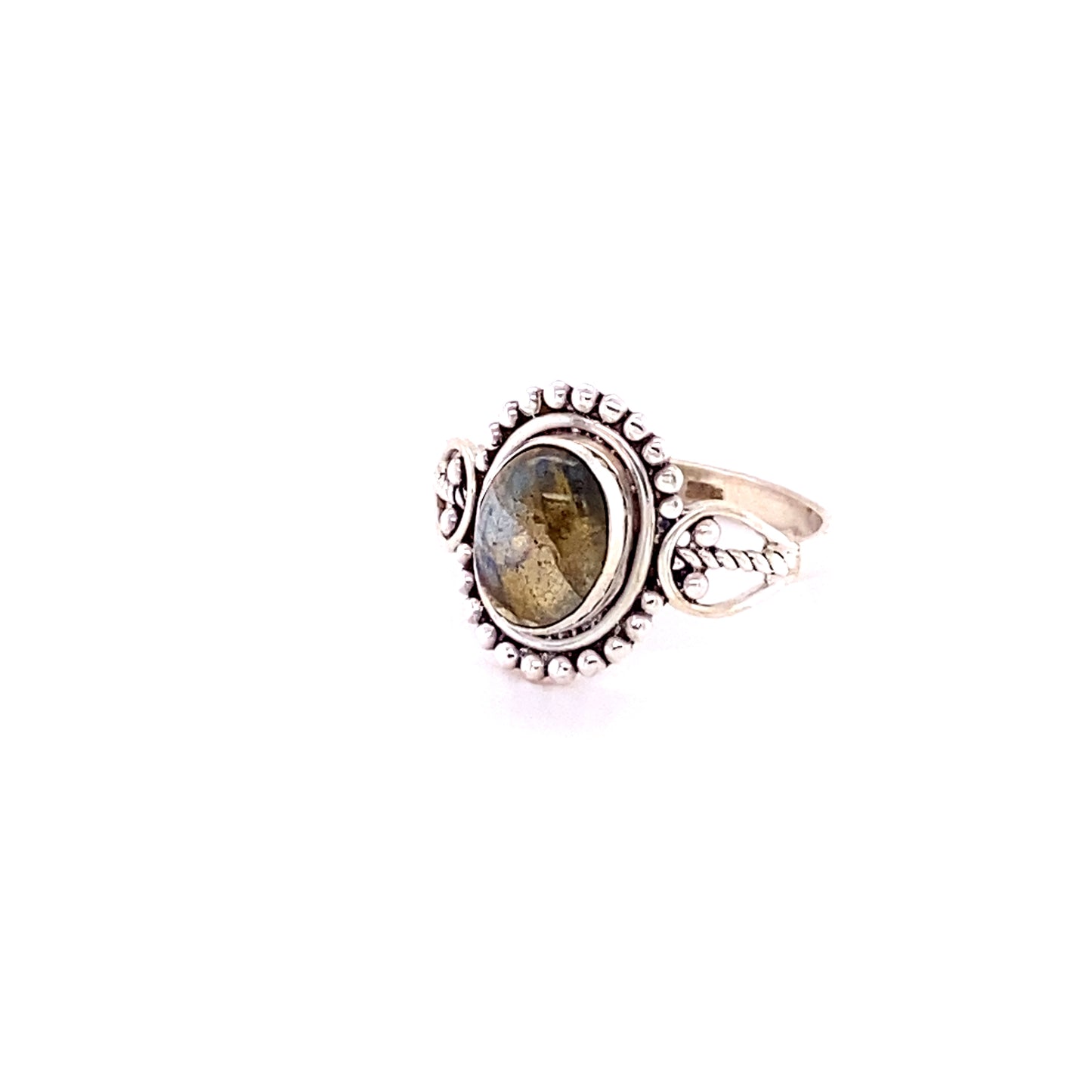 
                  
                    A boho-inspired sterling silver ring with an Oval Gemstone with Ball Design.
                  
                