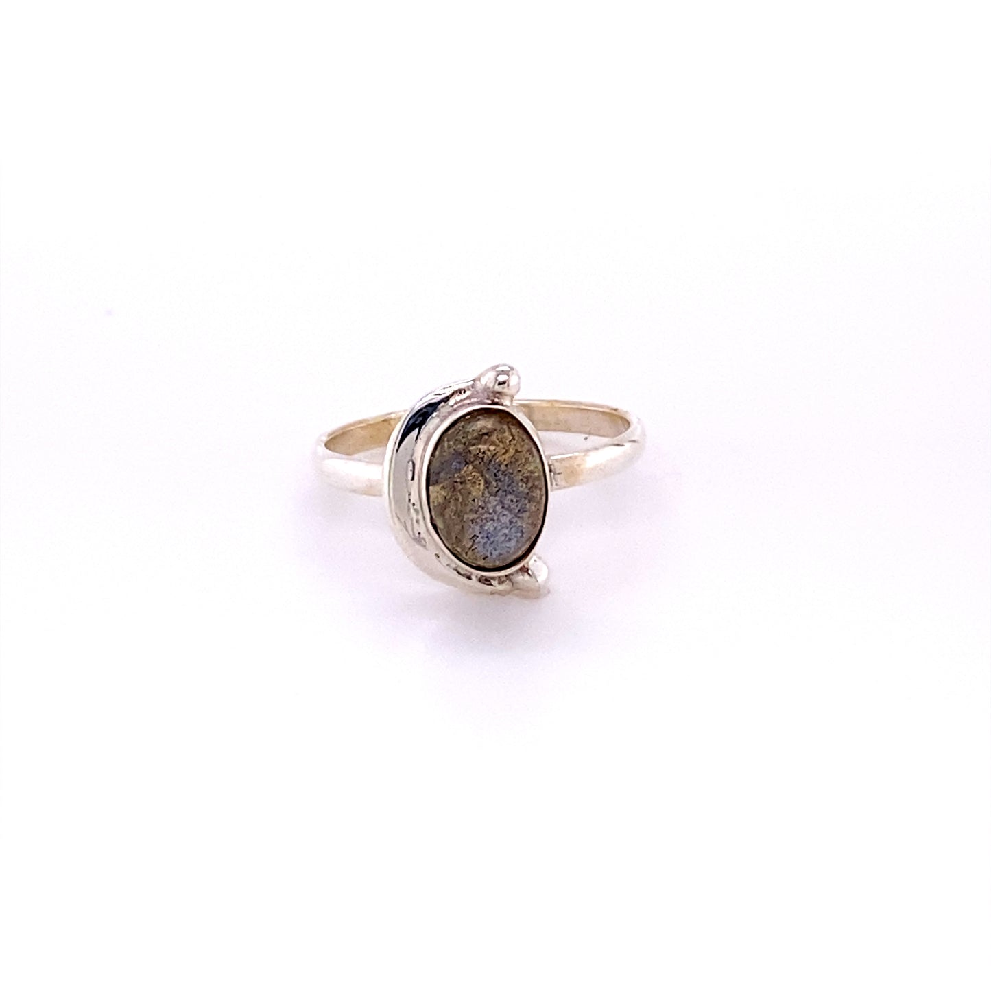 
                  
                    A hippie-inspired Oval Crescent Moon Ring with Natural Gemstones featuring a cabochon labradorite stone.
                  
                