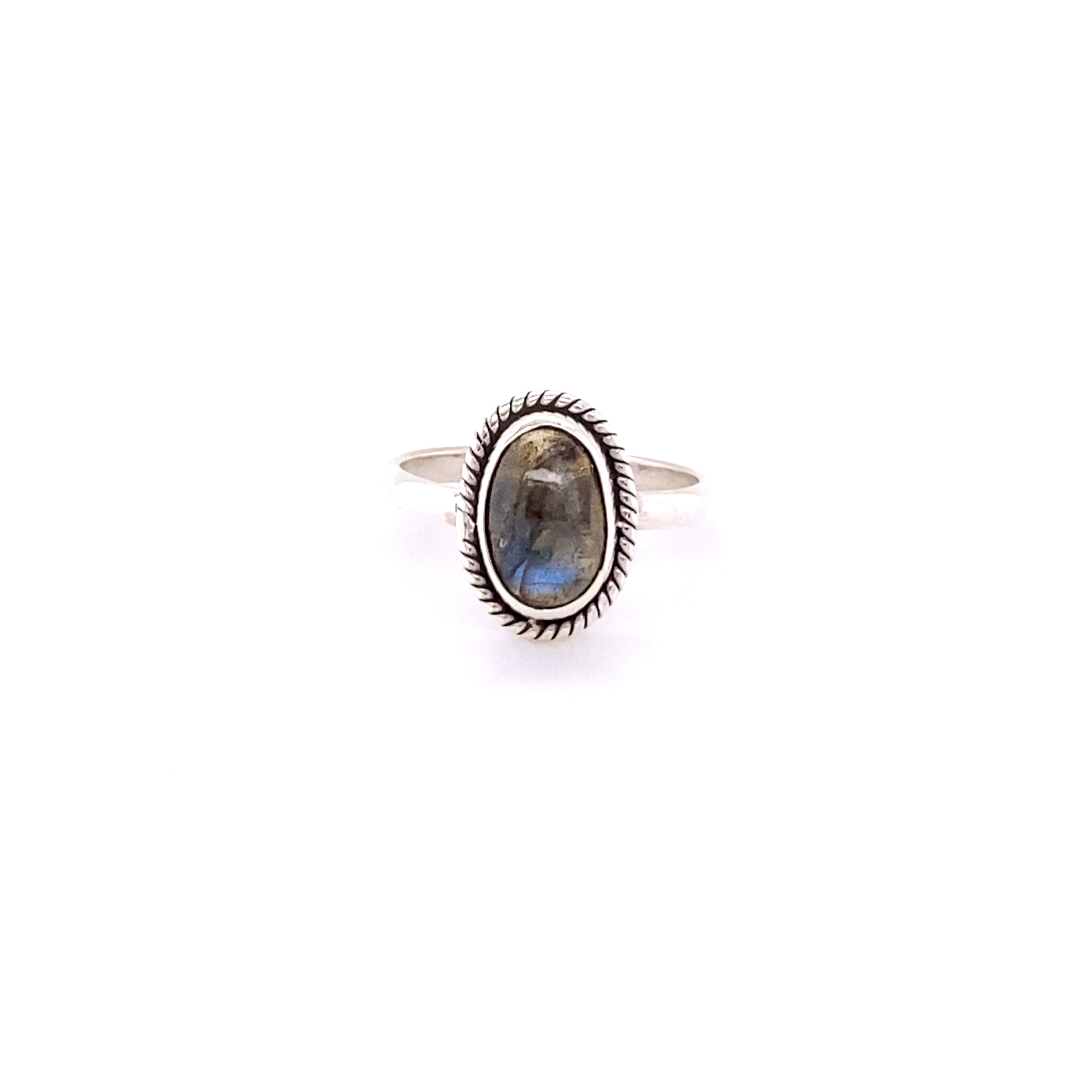 A sterling silver ring featuring a Simple Oval Gemstone Ring with Twisted Rope Border set in a detailed bezel on a white background.