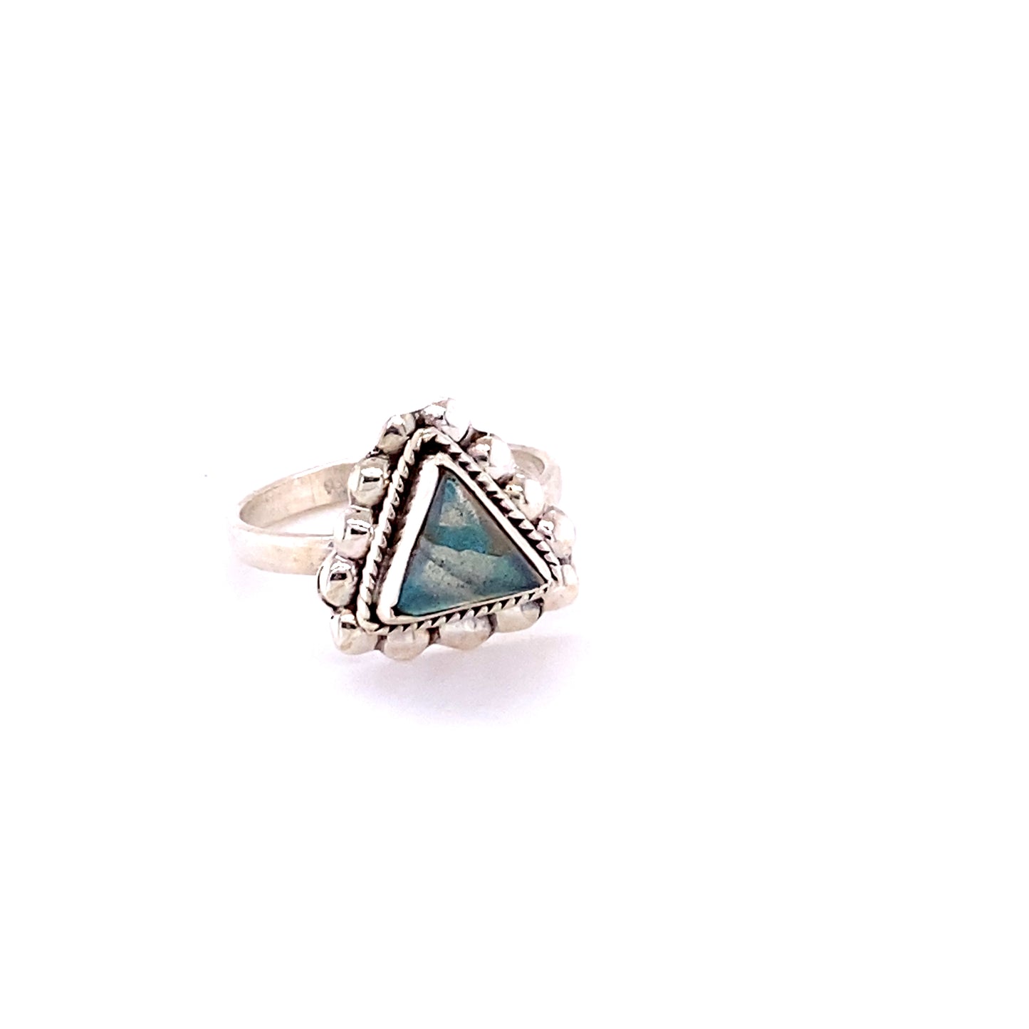 
                  
                    A sterling silver Triangle Gemstone Ring with Beads in the middle.
                  
                
