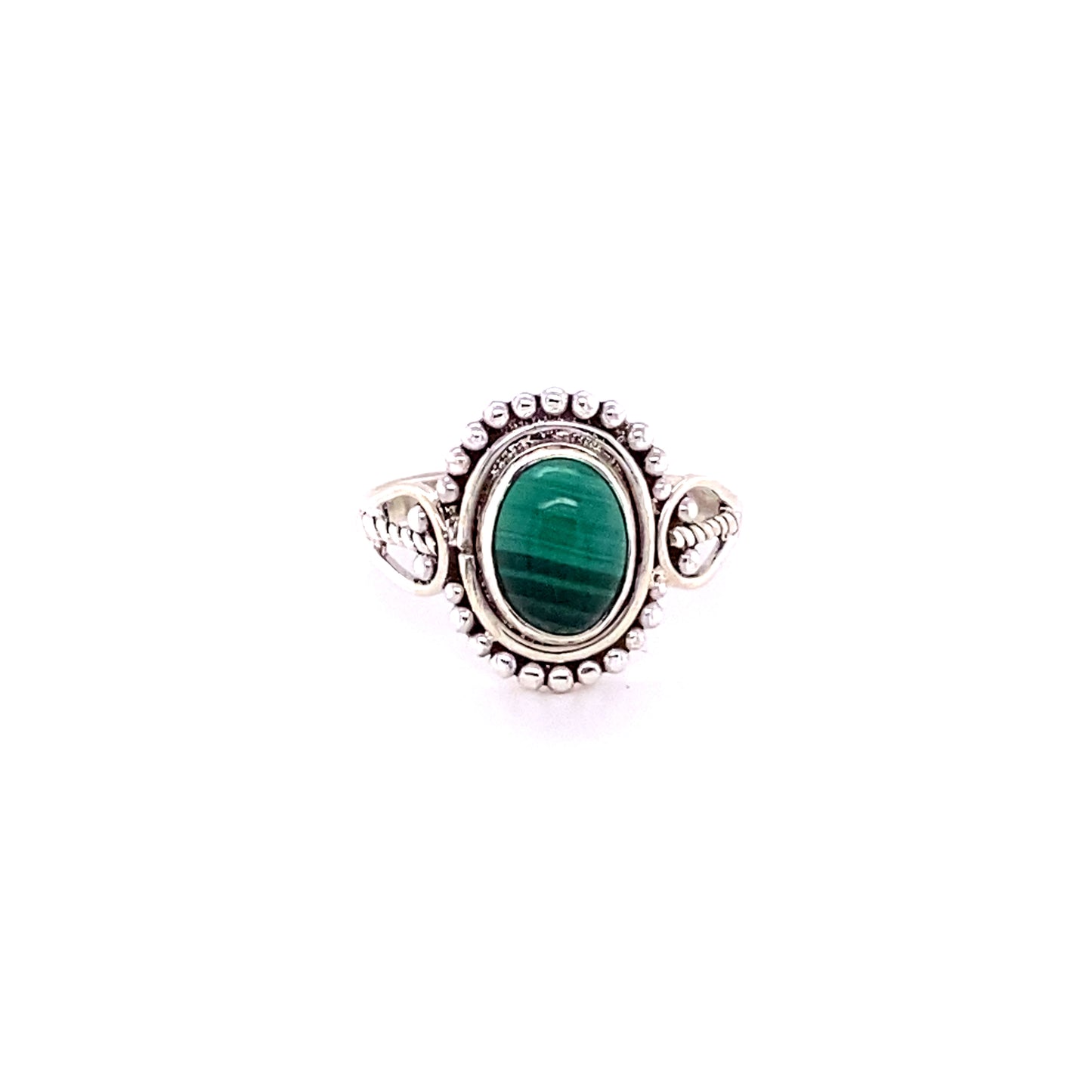 
                  
                    An Oval Gemstone with Ball Design ring with a green malachite cabochon stone.
                  
                
