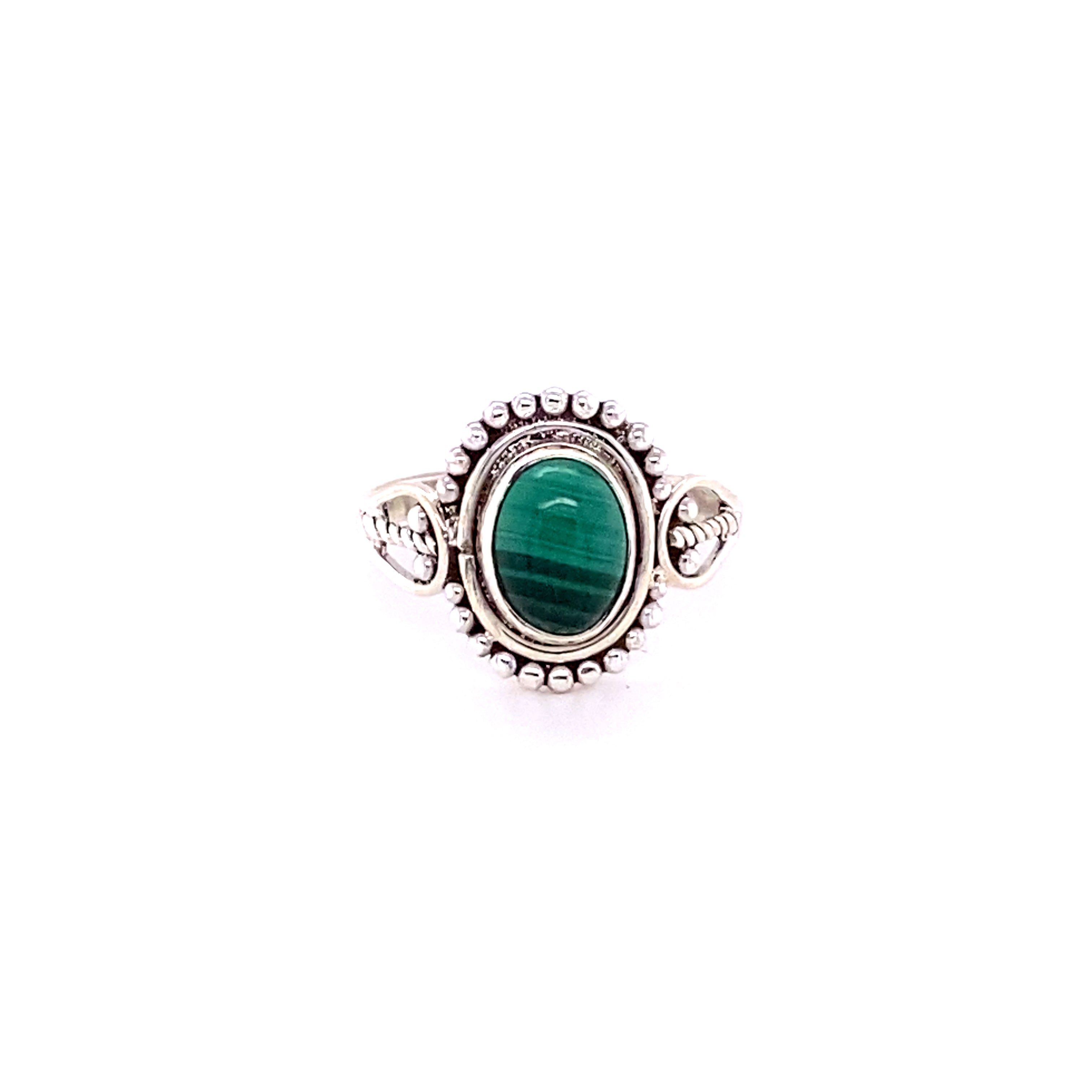 An Oval Gemstone with Ball Design ring with a green malachite cabochon stone.