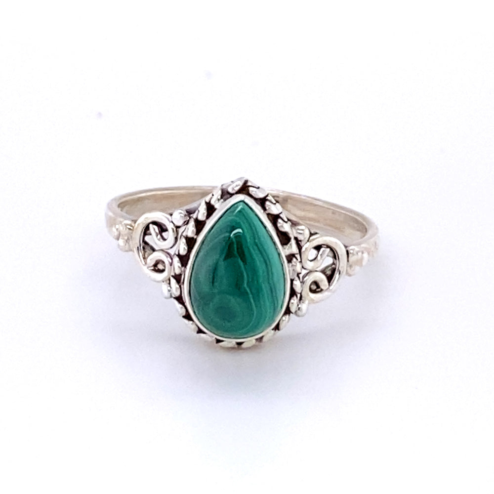 
                  
                    A Teardrop Gemstone Ring with Intricate Ball Border with a green malachite stone.
                  
                
