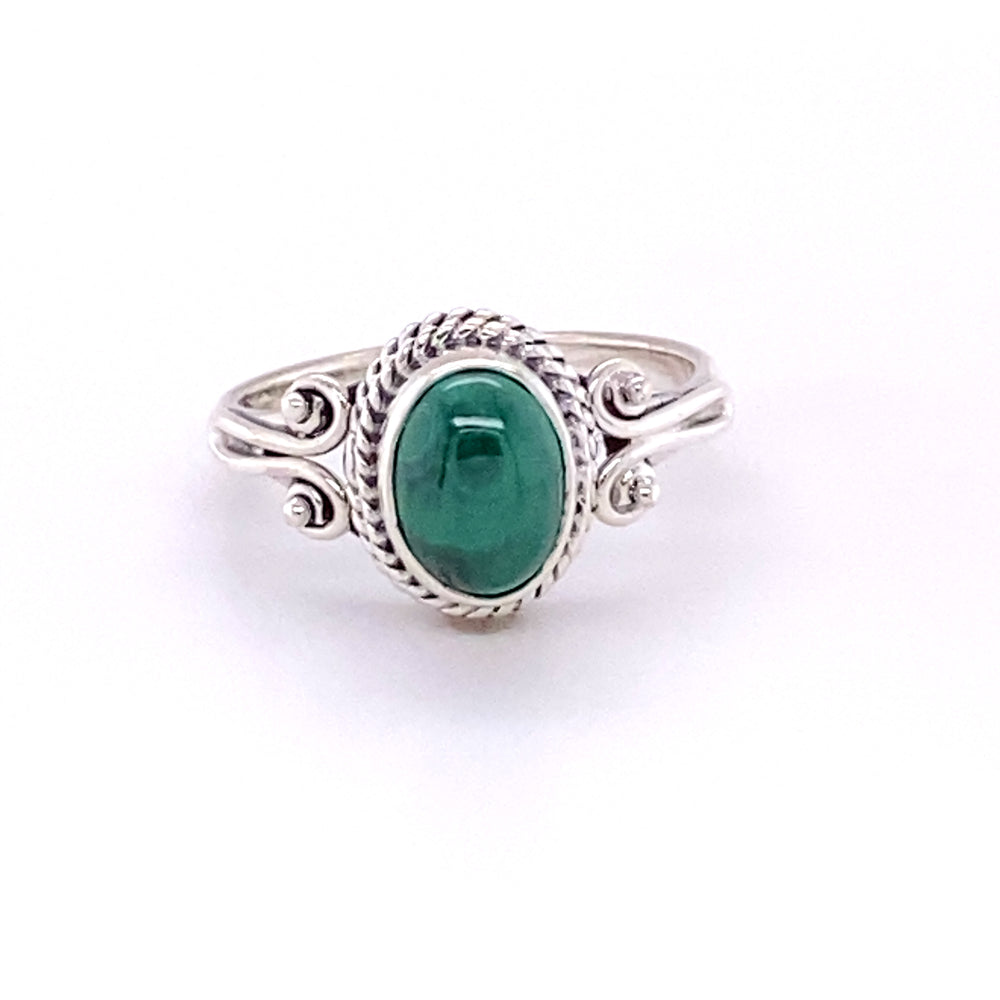 
                  
                    A boho Oval Natural Gemstone Ring with Rope and Long Spiral Border on a white background.
                  
                