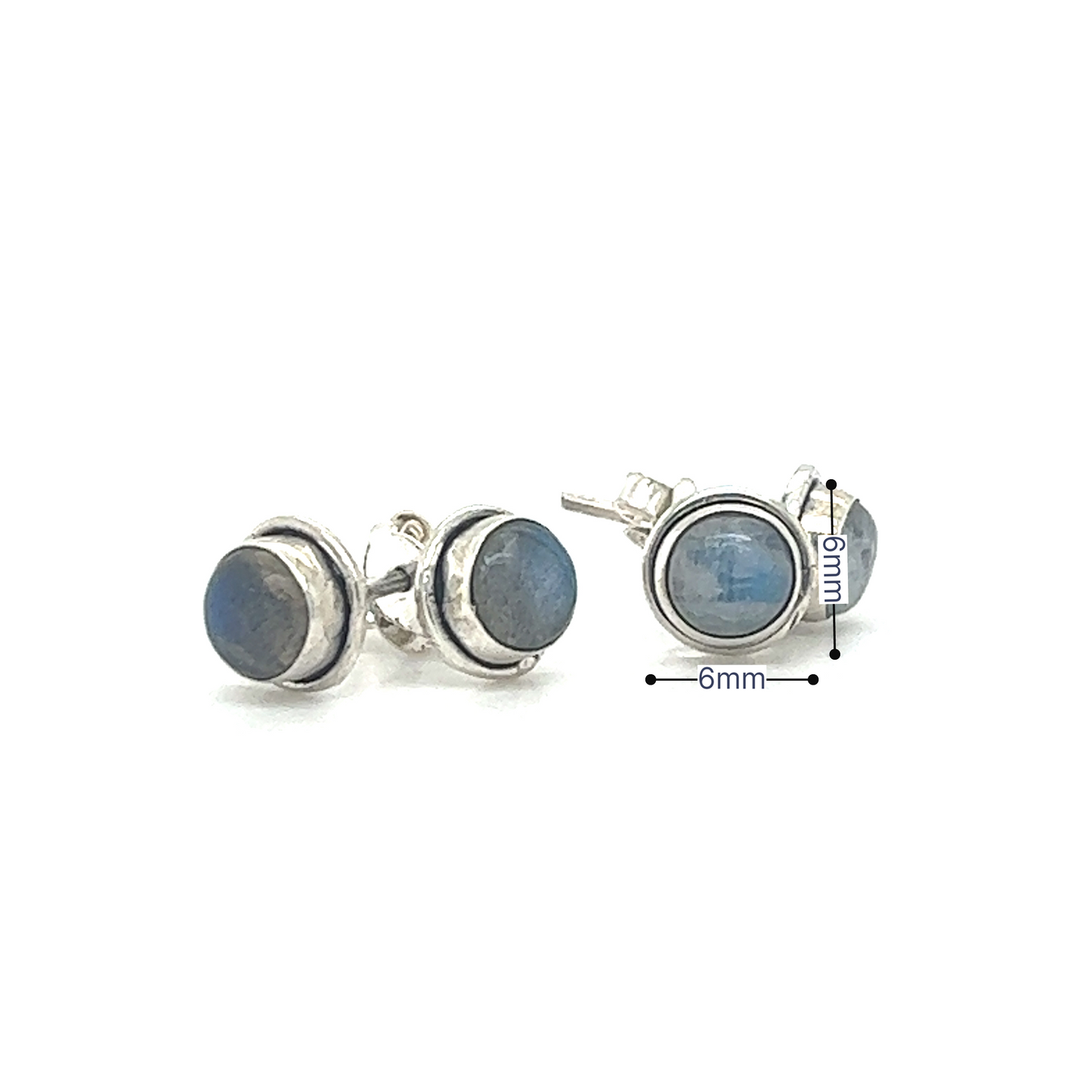 
                  
                    A pair of Simple Round Gemstone Studs with Labradorite stones set in a bezel by Super Silver.
                  
                