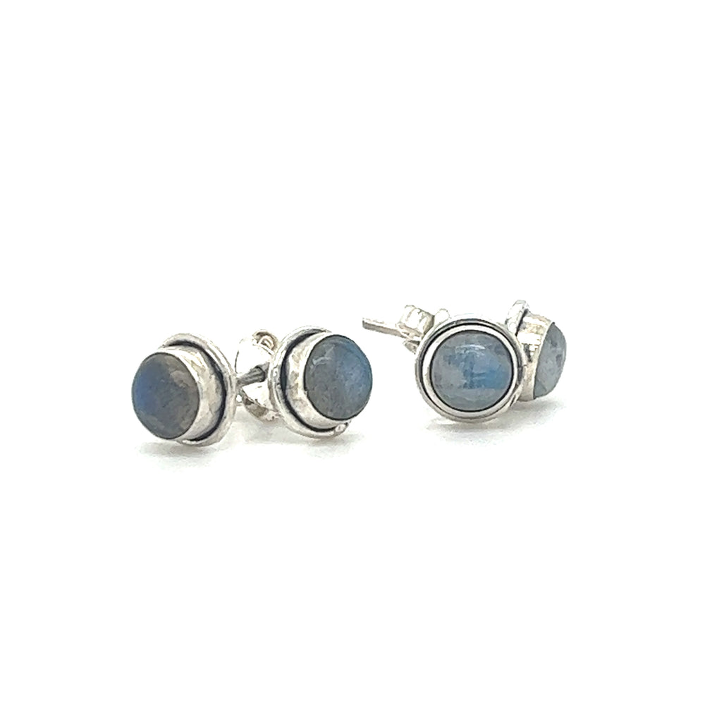 A pair of Super Silver Simple Round Gemstone Studs featuring blue labradorite stones in a bezel setting.