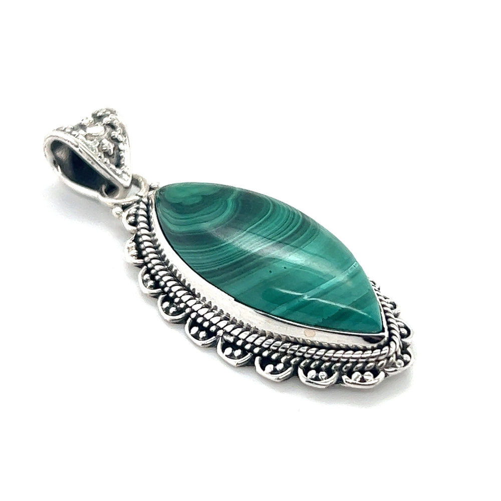 
                  
                    The Marquise Shaped Gemstone Pendant from Super Silver features a vivid green malachite stone.
                  
                