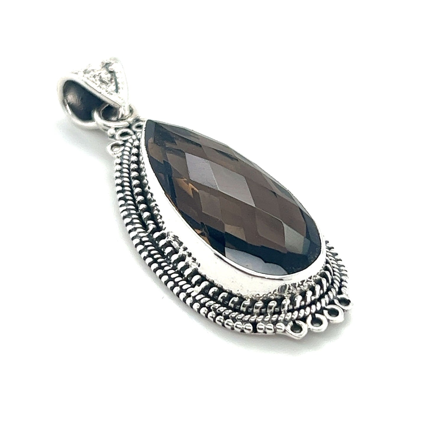
                  
                    A Super Silver Striking Teardrop Gemstone Pendant with Beaded Detailing featuring a smoky quartz stone.
                  
                