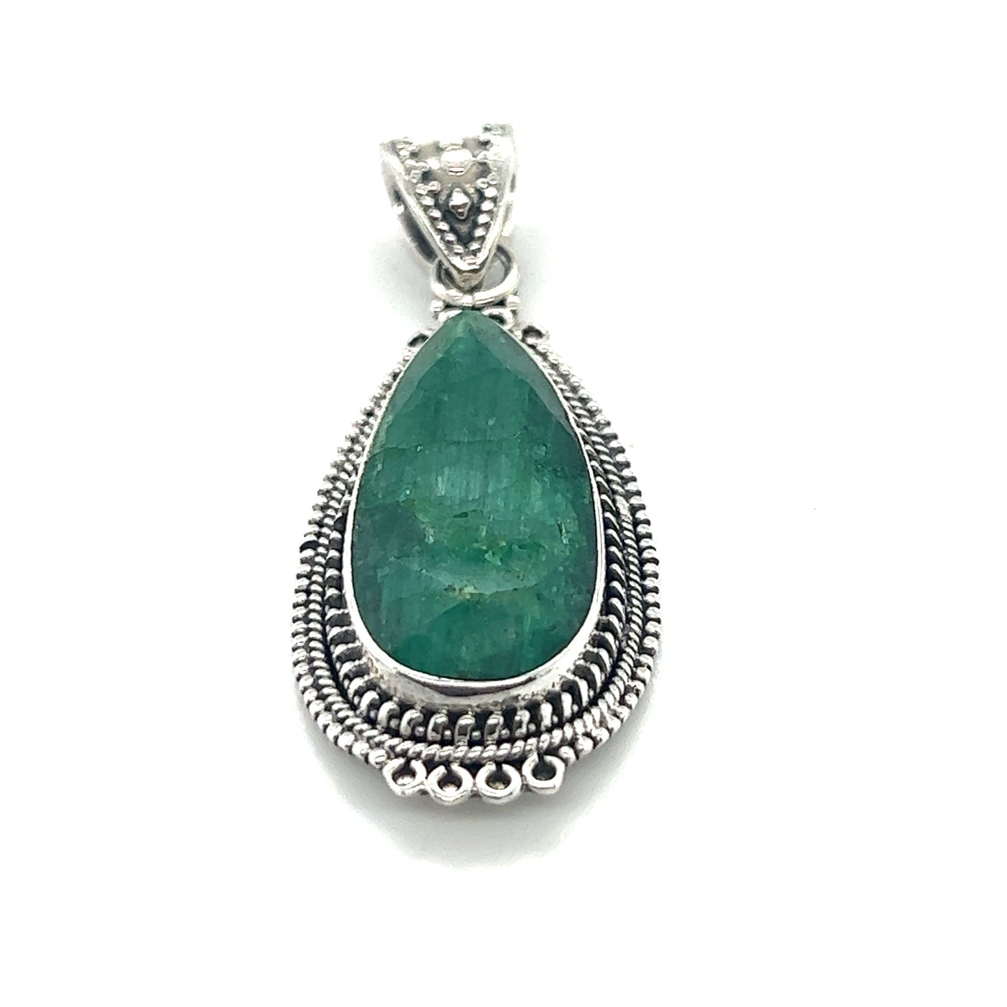 
                  
                    A Super Silver Striking Teardrop Gemstone Pendant with Beaded Detailing with an emerald stone.
                  
                