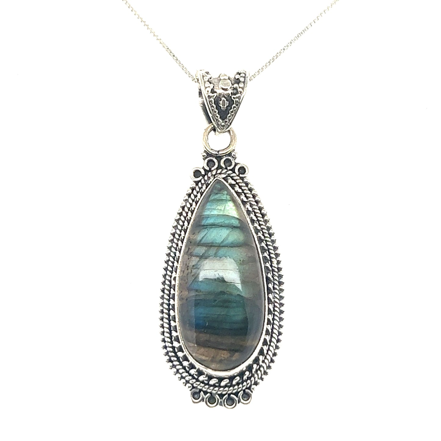
                  
                    A Super Silver Striking Teardrop Gemstone Pendant with Beaded Detailing, paired with a sterling silver chain.
                  
                