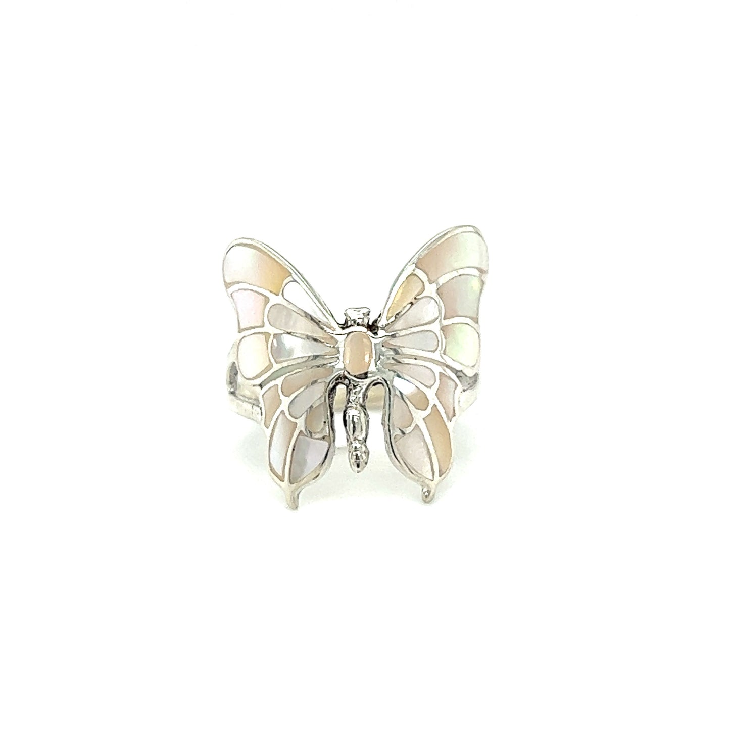 
                  
                    A sterling silver intricate statement butterfly inlay ring.
                  
                