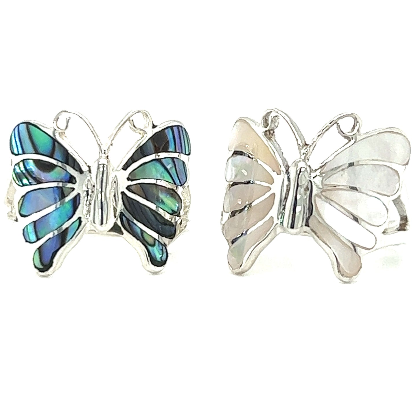 
                  
                    A pair of Elegant Butterfly Inlay Ring with Swirly Antennae cufflinks with abalone shell.
                  
                