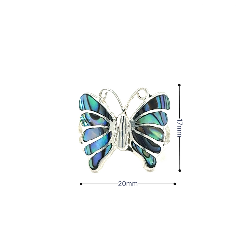 
                  
                    An Elegant Butterfly Inlay Ring with Swirly Antennae featuring blue and green stones, with measurements.
                  
                
