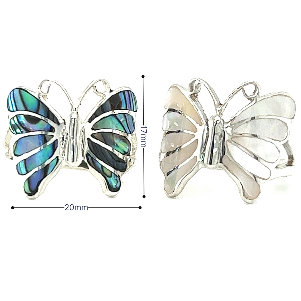 Make a bold statement with this Elegant Butterfly Inlay Ring with Swirly Antennae adorned with abalone shells.