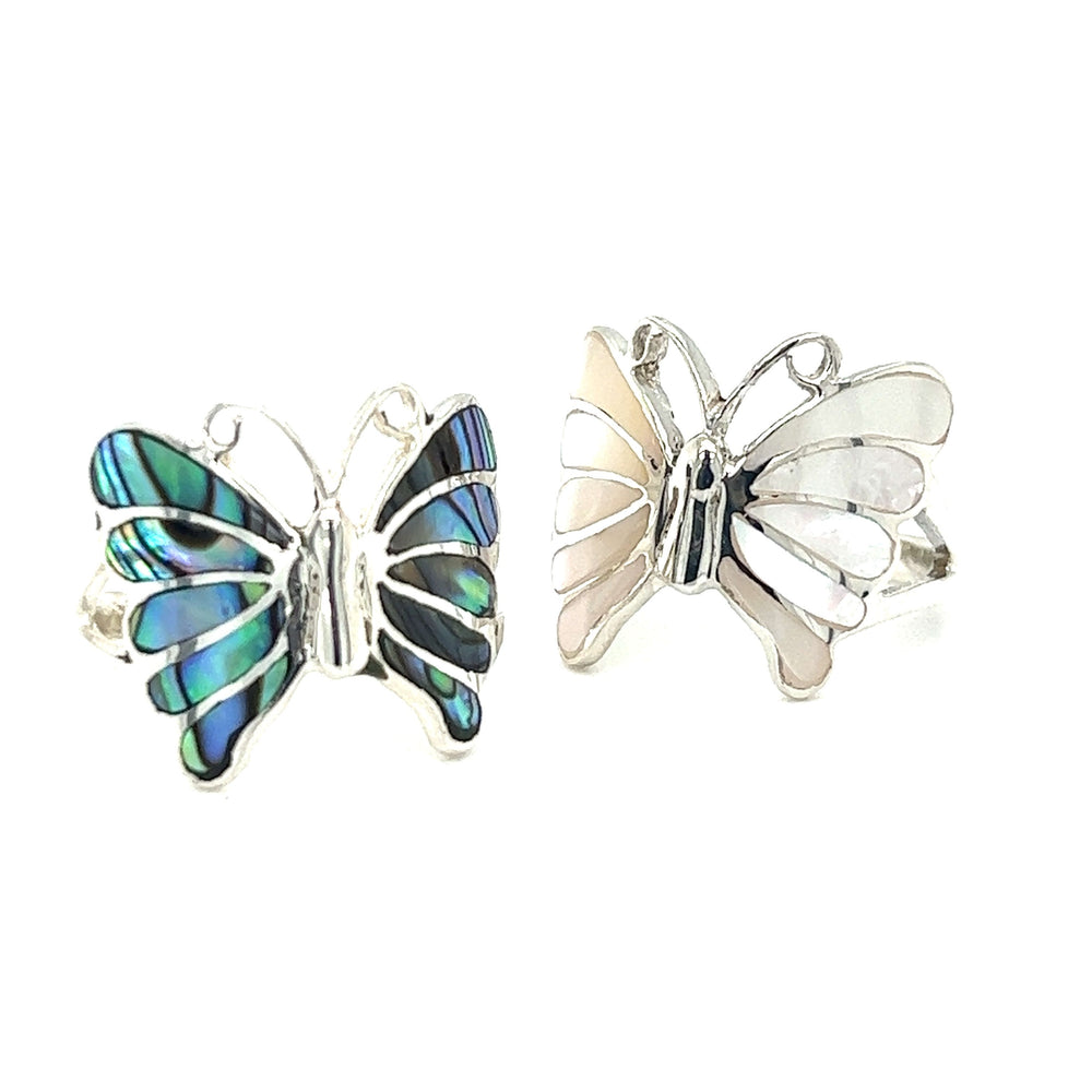 A pair of Elegant Butterfly Inlay Ring with Swirly Antennae cuff ring.