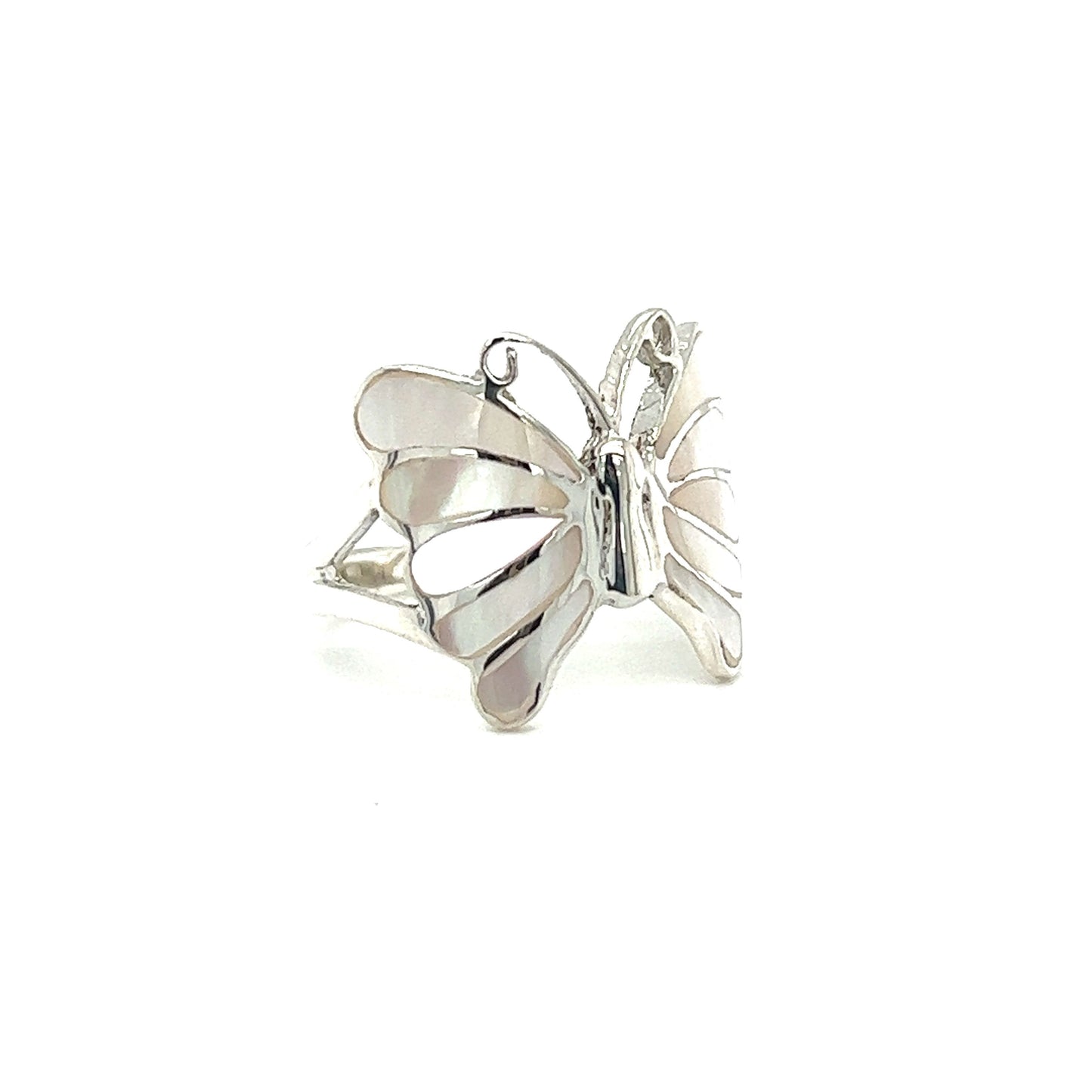 
                  
                    An Elegant Butterfly Inlay Ring with Swirly Antennae on a white background.
                  
                
