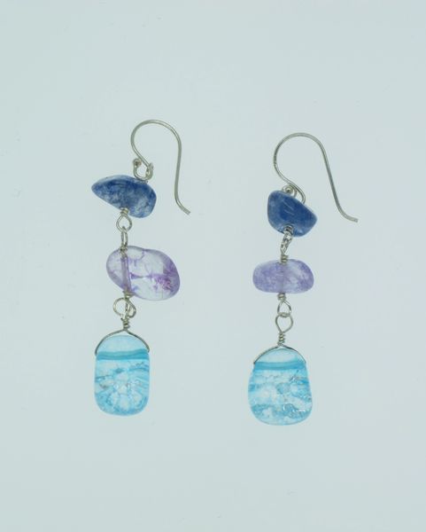 A pair of Super Silver Beaded Blue and Purple Earrings.