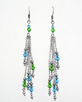 A pair of Super Silver Dangle Earrings with Blue and Green Beads.