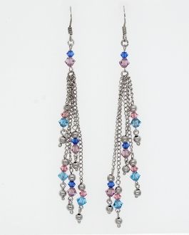 A pair of Super Silver Dangle Earrings with Blue and Pink Beads, rhodium plated.