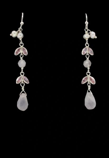 A pair of Super Silver Dangle Earrings With Pink Stones with pink sea glass and pearls.