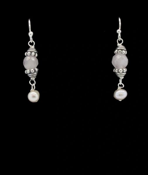 Super Silver Beaded Earrings - A pair of pink quartz and pearl earrings, approximately 1 inch in length, set against a black background.