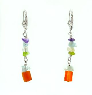 A pair of Super Silver Beaded Multicolor Dangle Earrings with small sunset orange carnelian stone and colorful beads.
