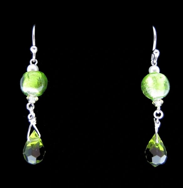 A pair of Super Silver beaded, green dangly earrings with Swarovski crystals.