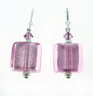A pair of Beaded Pink Square Dangle Earrings by Super Silver with silver beading featuring .925 Sterling Silver accents.