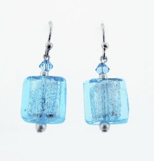 A pair of Super Silver Beaded Blue Square Dangle Earrings with small pearl accents.