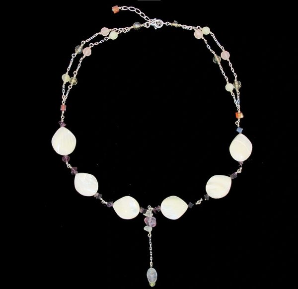 A Beaded, Multicolor Y-Necklace by Super Silver with white pearls and a dangling bead.