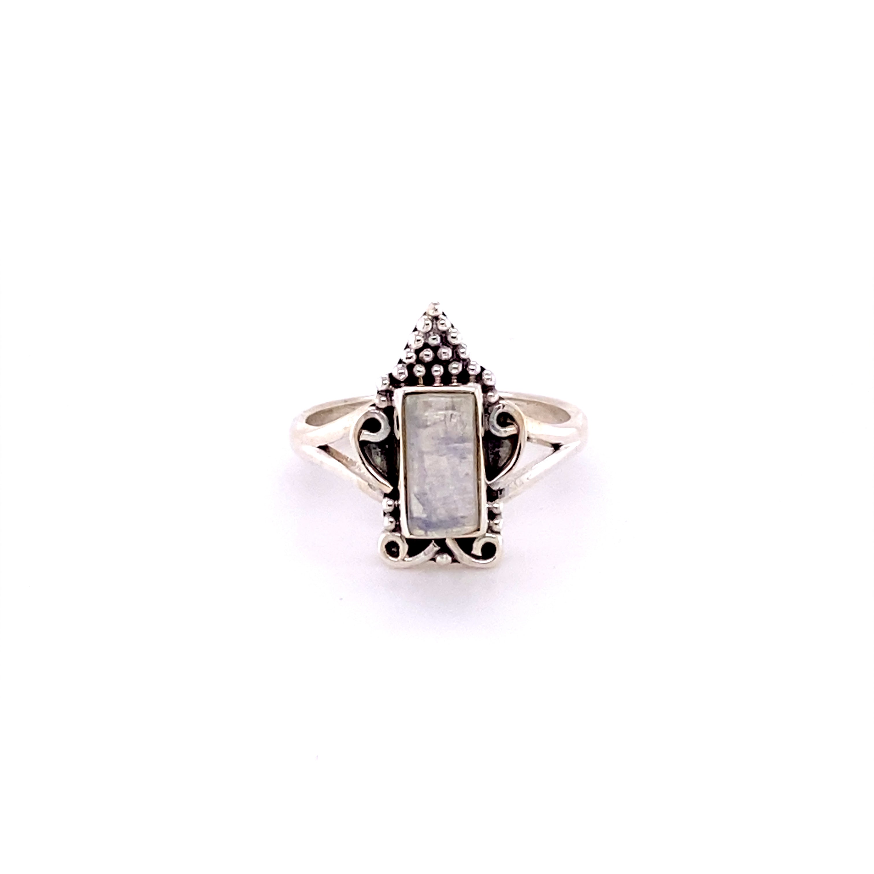 A Super Silver Bohemian Princess Ring with a moonstone in the middle.