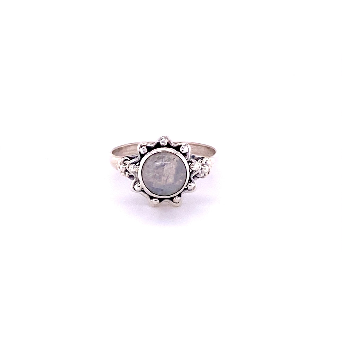 
                  
                    Flower ring with natural round gemstone in sterling silver featuring a captivating stone.
                  
                