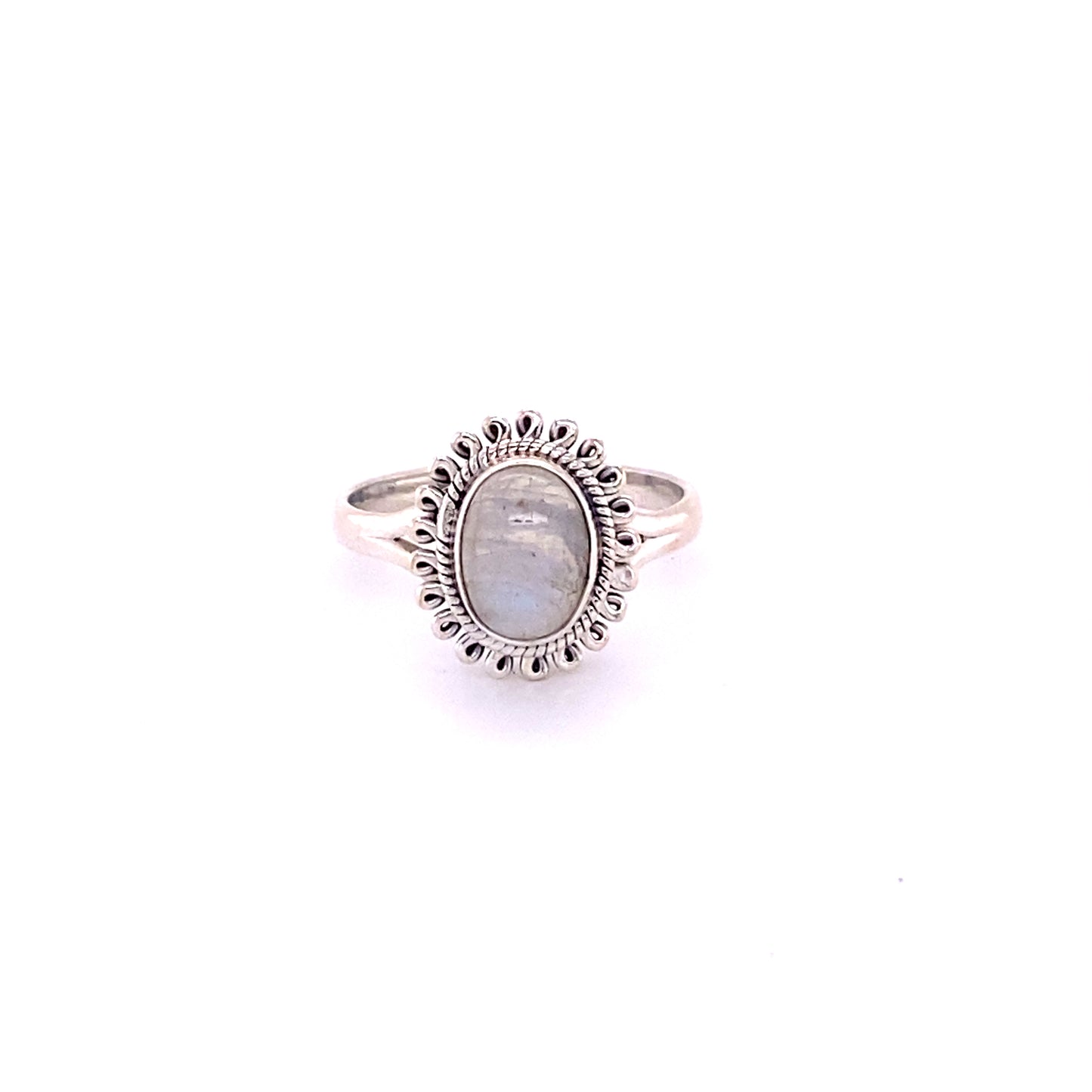 
                  
                    A Hippie-Chic Oval Gemstone Flower Ring with a moonstone in the center by Super Silver.
                  
                