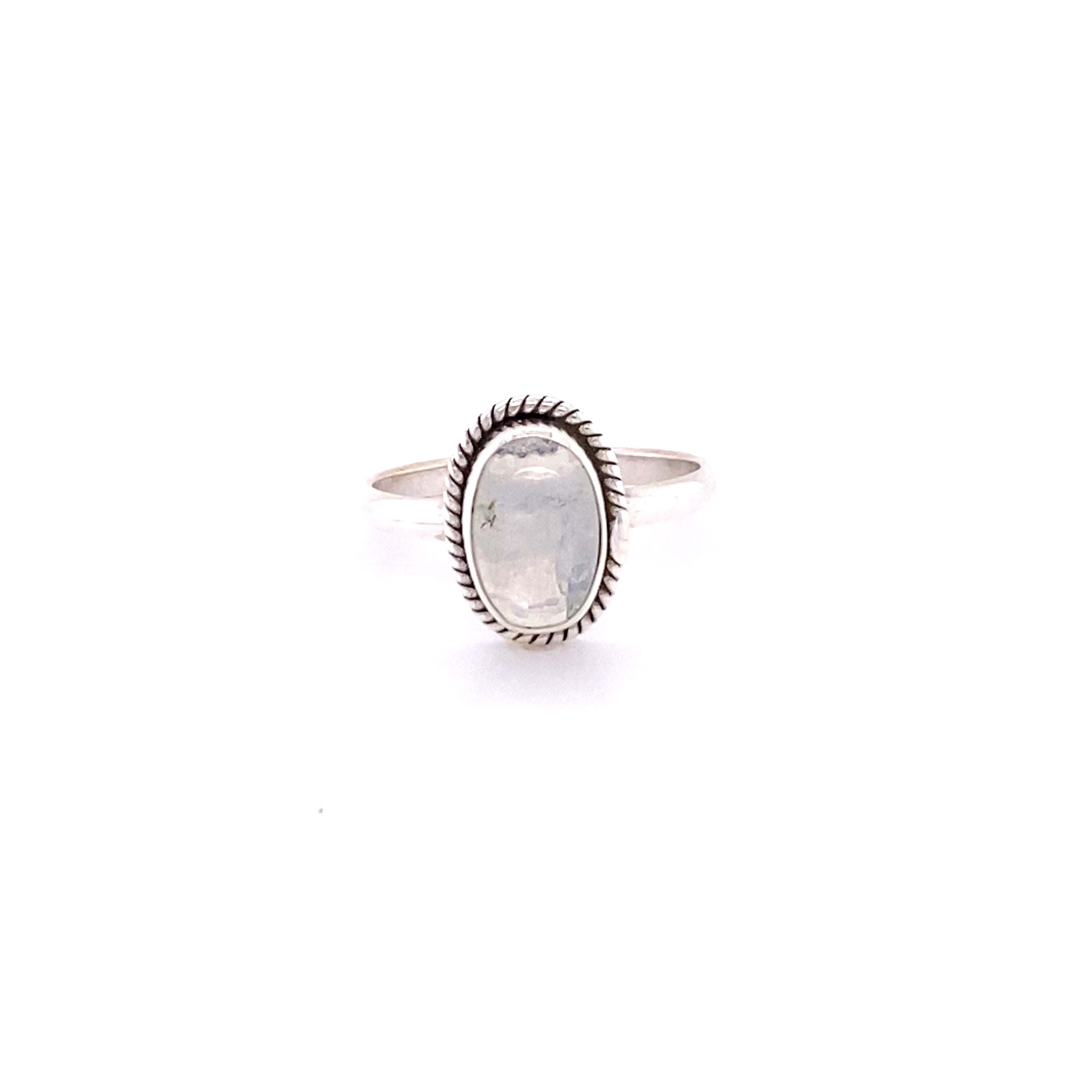 Simple Oval Gemstone Ring with Twisted Rope Border with an oval moonstone set in a scalloped bezel, centered on a white background.