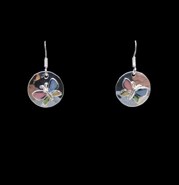 A pair of Super Silver Mother of Pearl Butterfly Hammered Round Dangle Earrings on a black background.