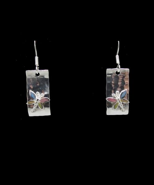 A pair of Super Silver Mother of Pearl Butterfly Dangle Earrings adorned with multi-colored stones.
