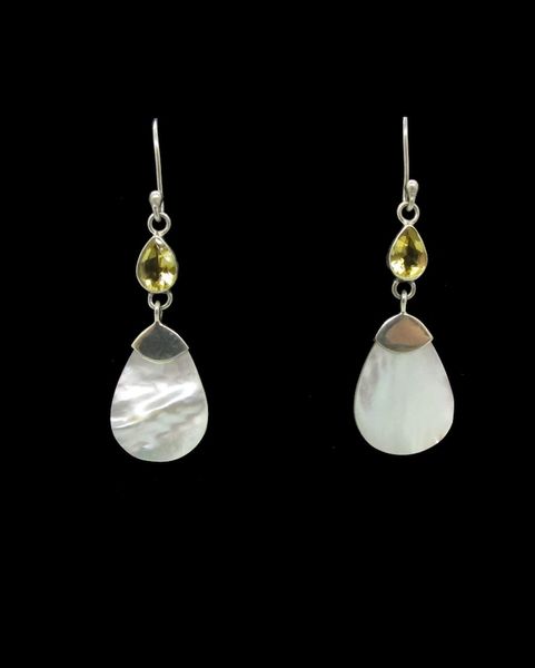 A pair of Super Silver Mother of Pearl Drop Shape Dangle Earrings with mother of pearl and yellow stone.