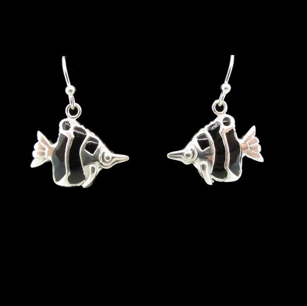 A pair of silver fish earrings on a black background featuring Onyx and Coral, called the Onyx Coral Fish Dangle Earrings by Super Silver.