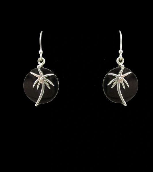 A pair of Super Silver Onyx Palm Tree Round Earrings.