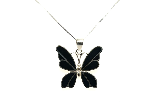 
                  
                    A Medium Butterfly Pendant by Super Silver, on a silver chain with a stone detail.
                  
                