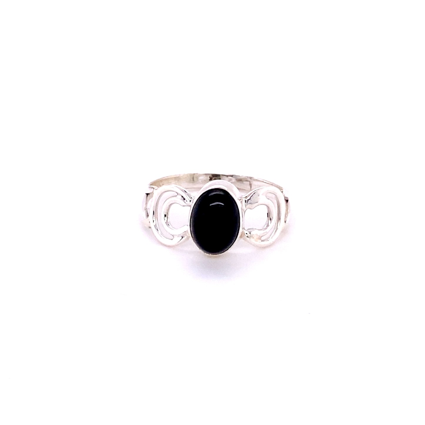 
                  
                    A divine feminine Super Silver silver ring featuring a natural black onyx Oval Gemstone Ring with Moon Design.
                  
                