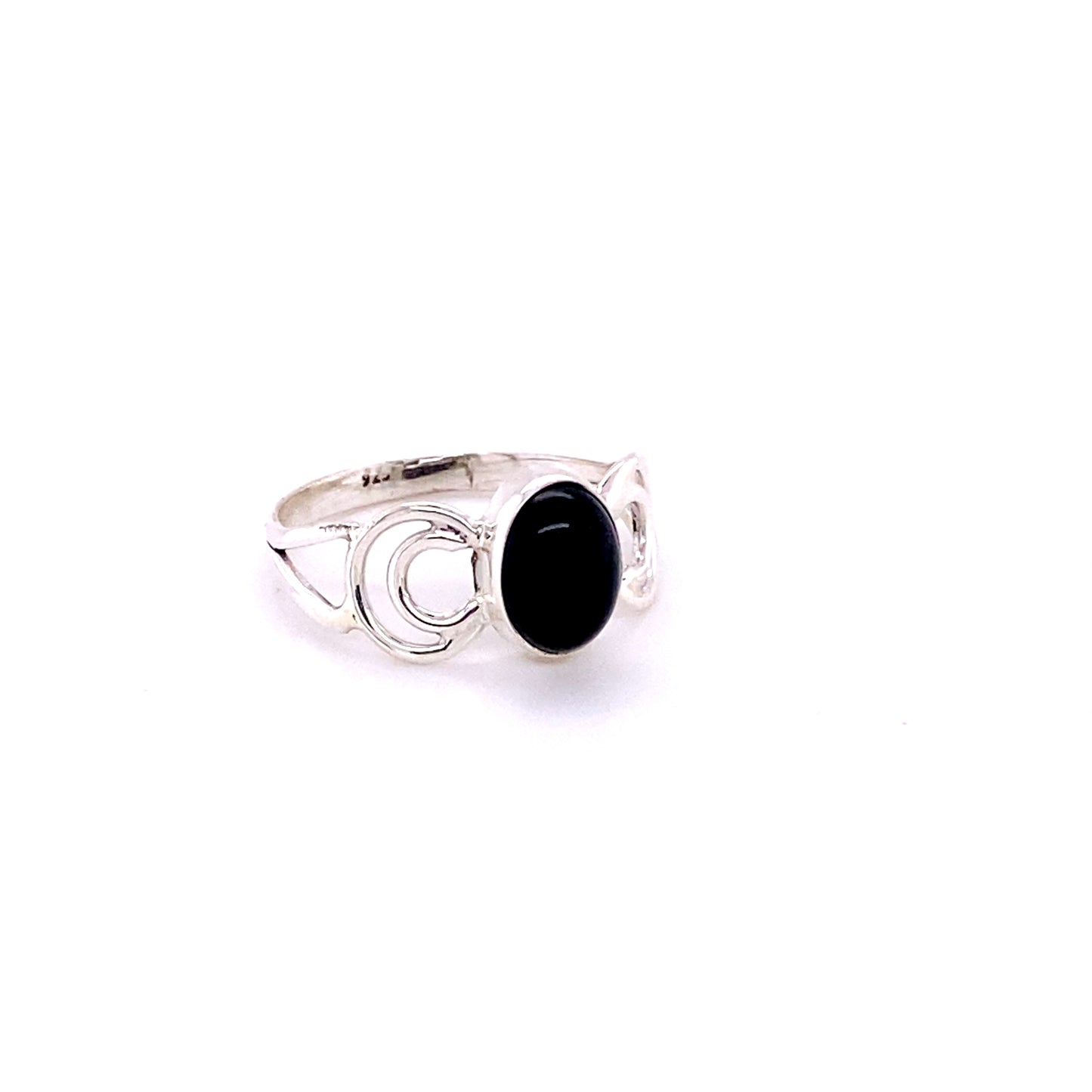 
                  
                    A Super Silver Oval Gemstone Ring with Moon Design adorned with a black onyx stone.
                  
                