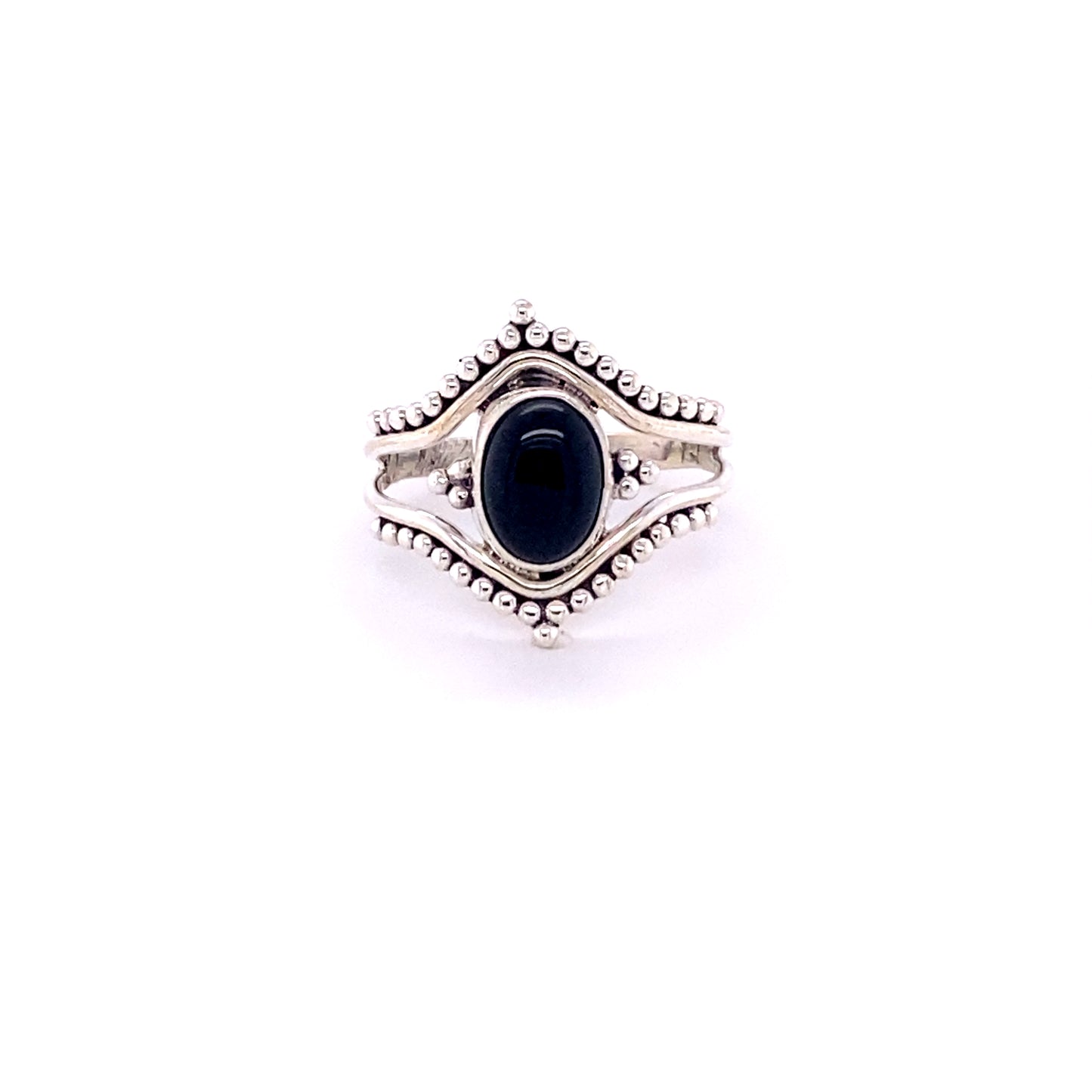 
                  
                    A Double Chevron Gemstone Ring with Ball Design with a cabochon black stone in the middle.
                  
                