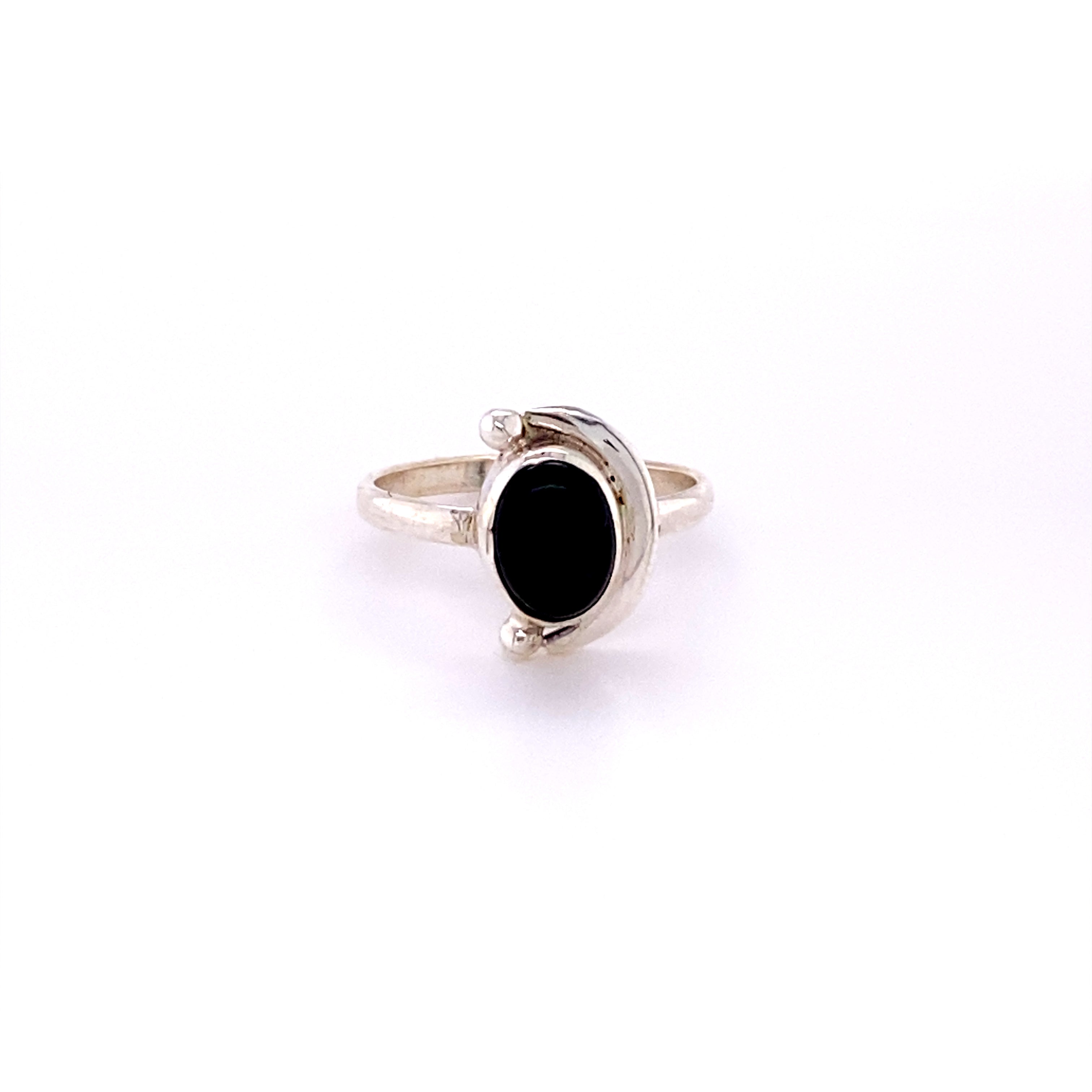 A Oval Crescent Moon Ring with Natural Gemstones on a white background.