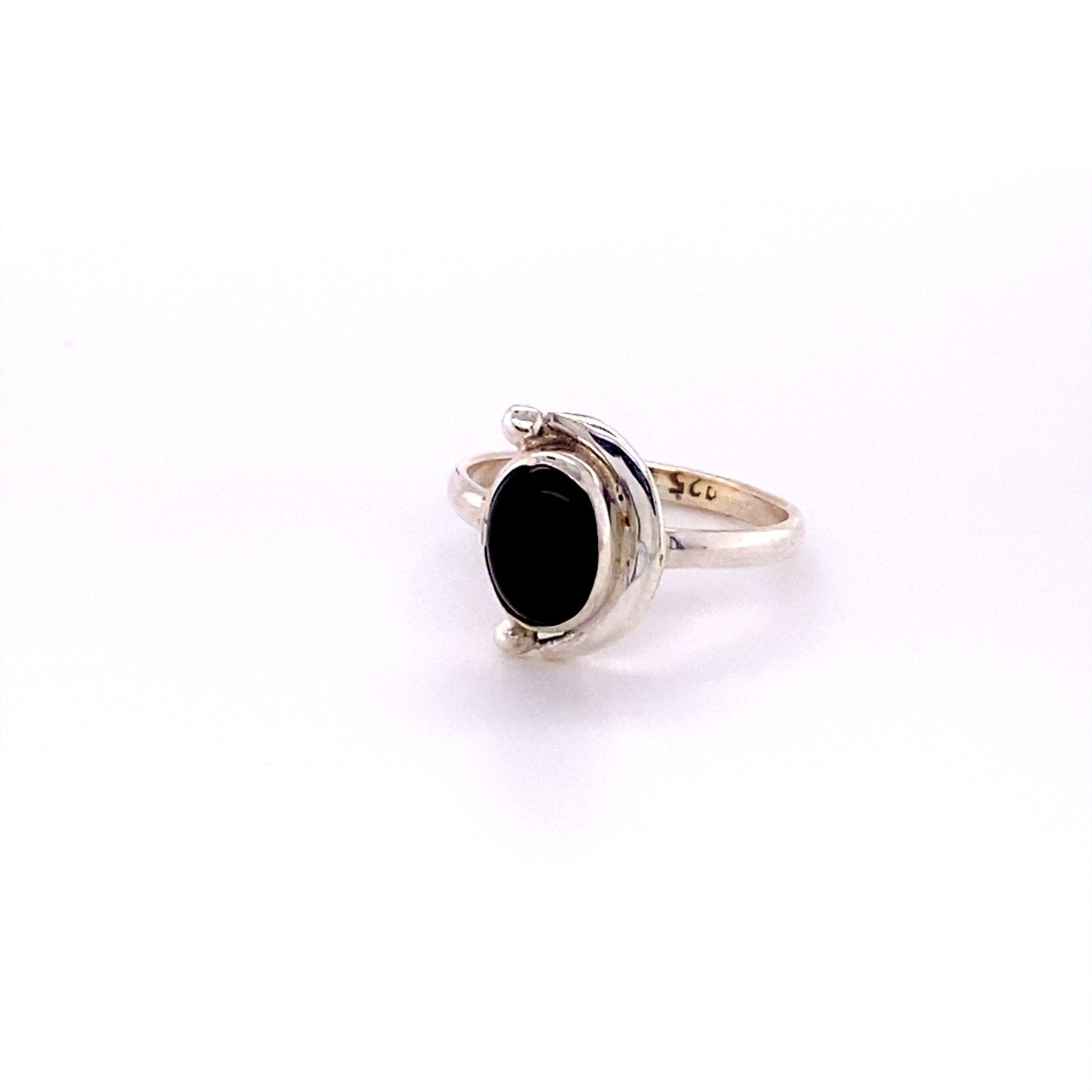 
                  
                    A unique Oval Crescent Moon Ring with Natural Gemstones adorned with a black onyx natural gemstone elegantly contrasts against a pristine white background. The ring is from the brand Super Silver.
                  
                