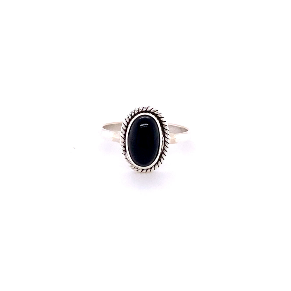 
                  
                    Simple Oval Gemstone Ring with Twisted Rope Border with an oval black gemstone set in a detailed, sunburst patterned bezel, displayed against a white background.
                  
                