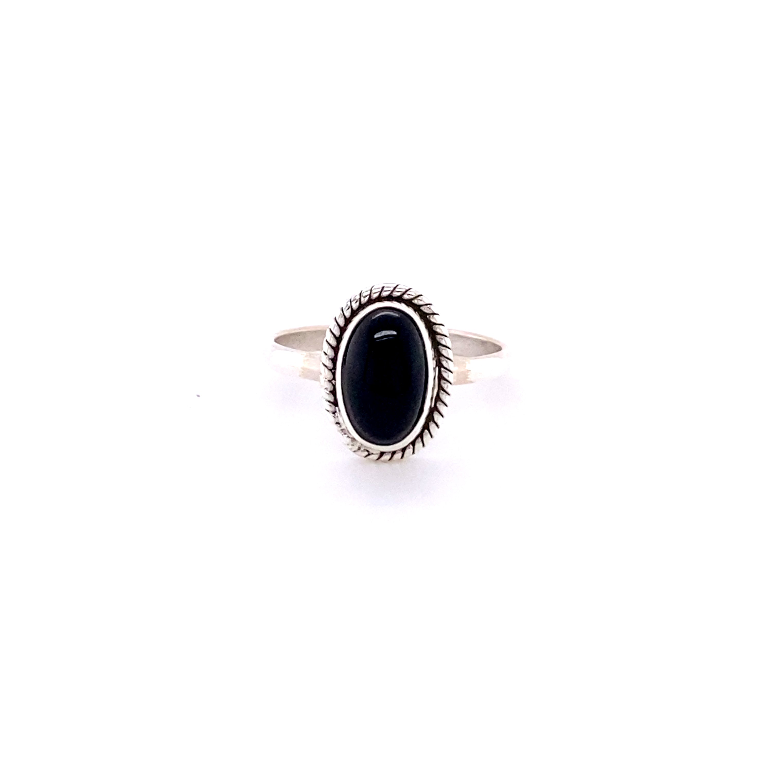 Simple Oval Gemstone Ring with Twisted Rope Border with an oval black gemstone set in a detailed, sunburst patterned bezel, displayed against a white background.