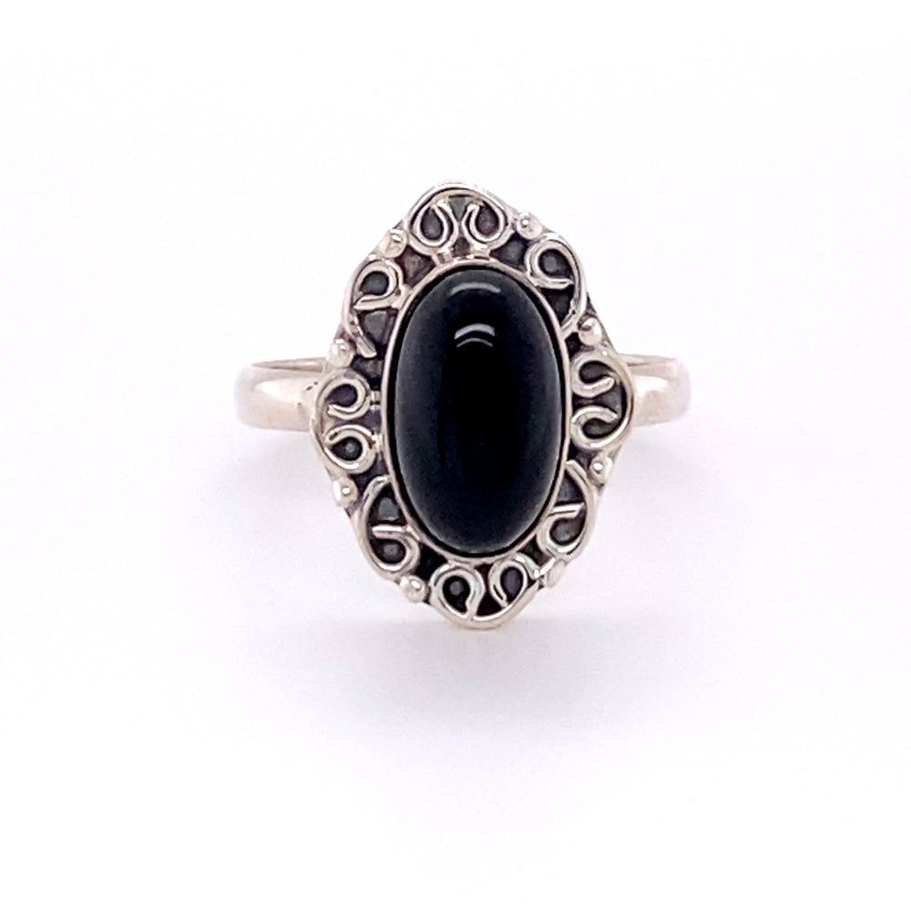 
                  
                    An elegant Super Silver oval gemstone ring with a black onyx gemstone.
                  
                