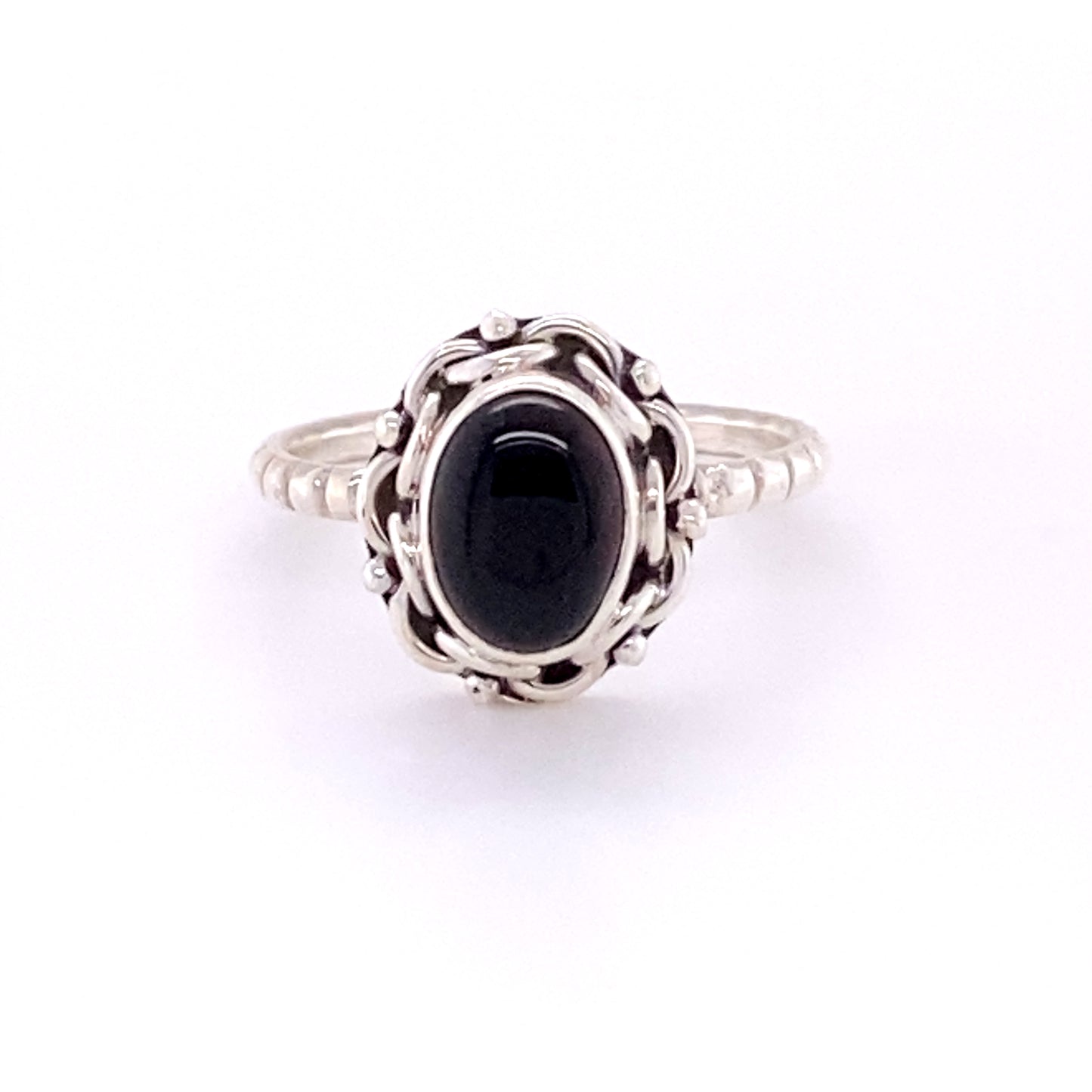 
                  
                    Natural Oval Gemstone Ring with Intricate chain Border and Textured Band with a black onyx cabochon.
                  
                