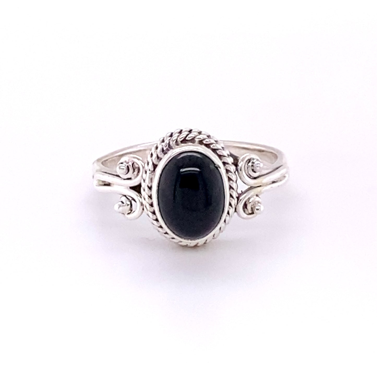 
                  
                    Boho-inspired Oval Natural Gemstone Ring with Rope and Long Spiral Border embedded with a stunning black onyx stone.
                  
                